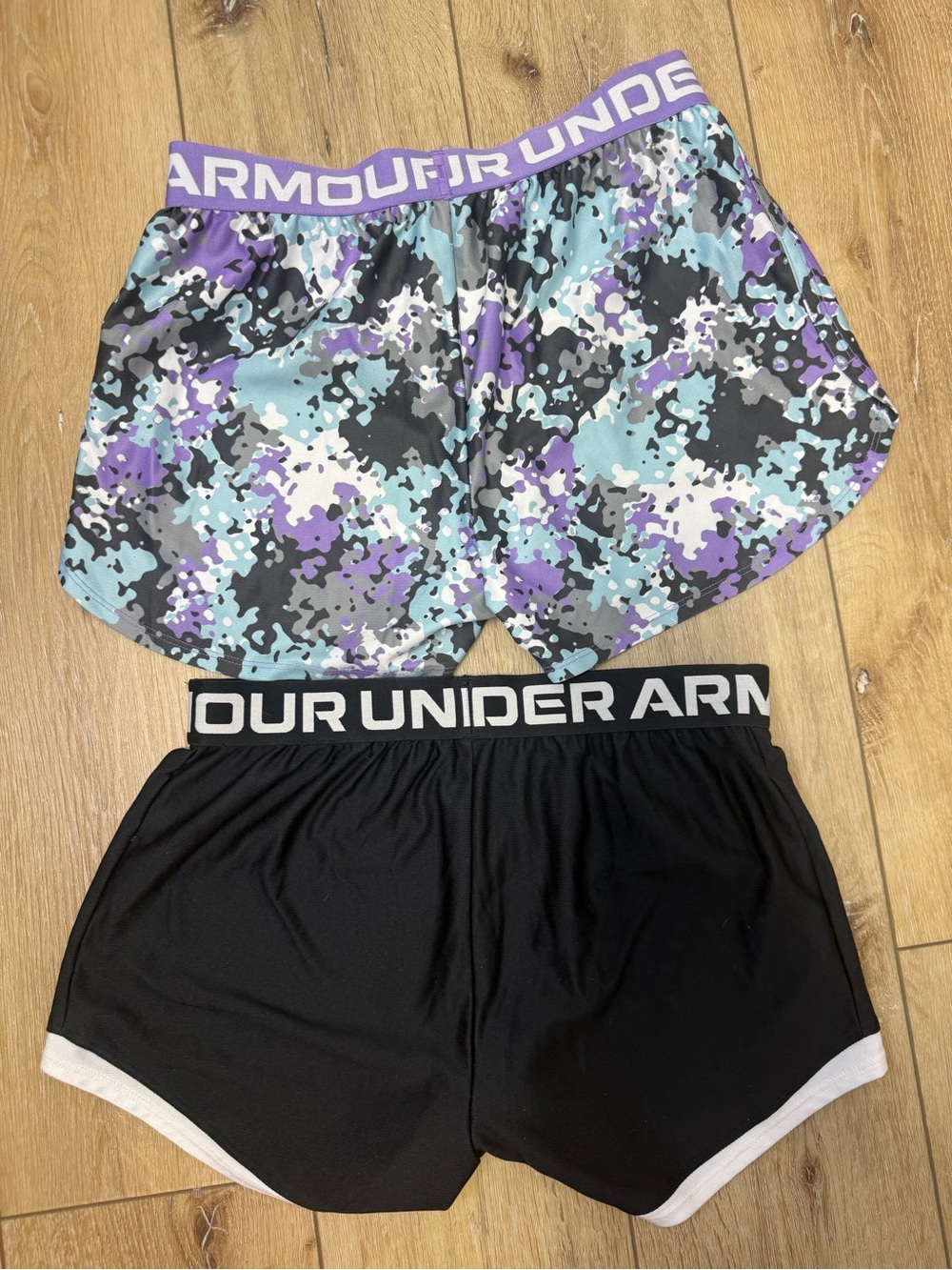 Under Armour Purple, Teal & Black Camo + Black Athletic Shorts 2 Pair Girls L - Picture 2 of 10